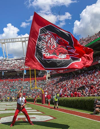 Cheerleader holding a huge flag with the Gamecock logo on the football field with a crowd of people in the stands. 